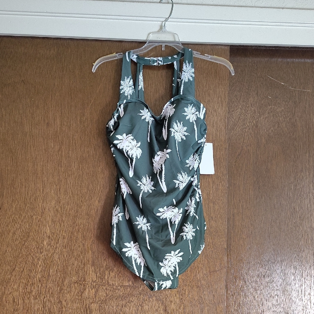 Ladies Palm-Print One-Piece Swimsuit - Olive Green